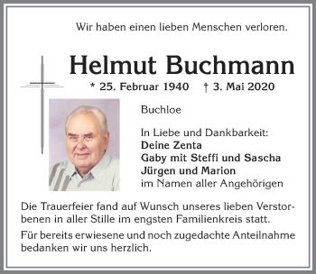Traueranzeige von Helmut Buchmann von Allgäuer Zeitung, Kaufbeuren/Buchloe