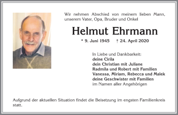 Traueranzeige von Helmut Ehrmann von Allgäuer Anzeigeblatt