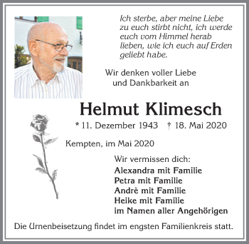 Traueranzeige von Helmut Klimesch von Allgäuer Zeitung,Kempten