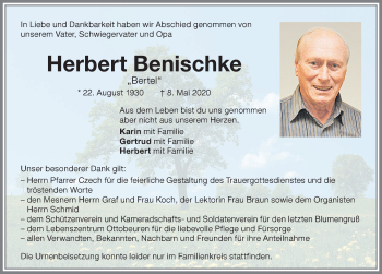 Traueranzeige von Herbert Benischke von Memminger Zeitung