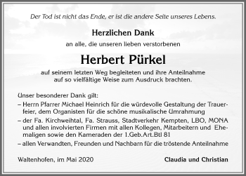 Traueranzeige von Herbert Pürkel von Allgäuer Zeitung,Kempten