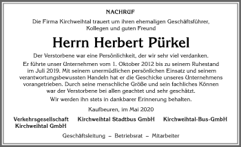 Traueranzeige von Herbert Pürkel von Allgäuer Zeitung, Gesamtausgabe