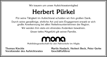 Traueranzeige von Herbert Pürkel von Allgäuer Zeitung, Gesamtausgabe
