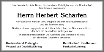 Traueranzeige von Herbert Scharfen von Allgäuer Zeitung, Kaufbeuren/Buchloe