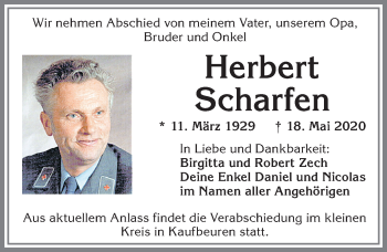 Traueranzeige von Herbert Scharfen von Allgäuer Zeitung, Kaufbeuren/Buchloe
