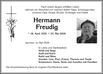 Traueranzeige von Hermann Freudig von Allgäuer Anzeigeblatt