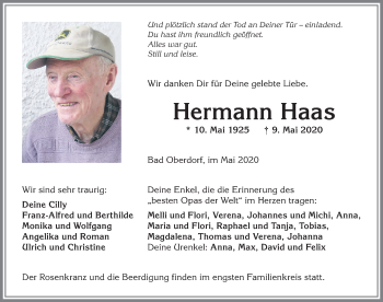 Traueranzeige von Hermann Haas von Allgäuer Anzeigeblatt