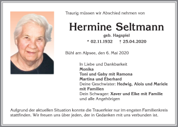 Traueranzeige von Hermine Seltmann von Allgäuer Anzeigeblatt