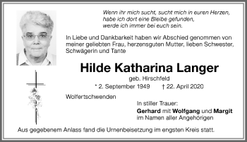 Traueranzeige von Hilde Katharina Langer von Memminger Zeitung