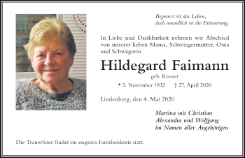 Traueranzeige von Hildegard Faimann von Der Westallgäuer