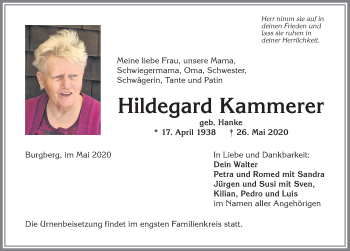 Traueranzeige von Hildegard Kammerer von Allgäuer Anzeigeblatt