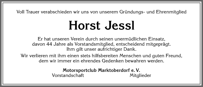  Traueranzeige für Horst Jessl vom 05.05.2020 aus Allgäuer Zeitung, Marktoberdorf