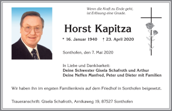 Traueranzeige von Horst Kapitza von Allgäuer Anzeigeblatt