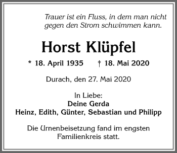 Traueranzeige von Horst Klüpfel von Allgäuer Zeitung,Kempten