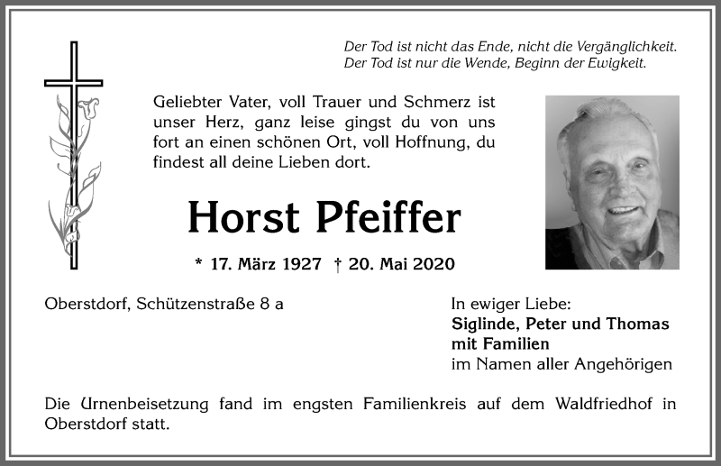  Traueranzeige für Horst Pfeiffer vom 30.05.2020 aus Allgäuer Anzeigeblatt