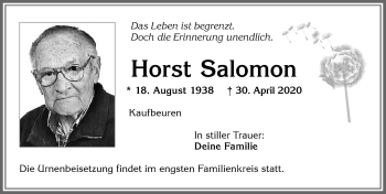 Traueranzeige von Horst Salomon von Allgäuer Zeitung, Kaufbeuren/Buchloe