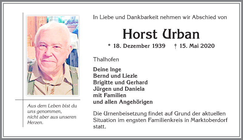  Traueranzeige für Horst Urban vom 20.05.2020 aus Allgäuer Zeitung, Marktoberdorf