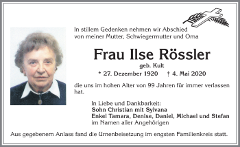 Traueranzeige von Ilse Rössler von Allgäuer Zeitung, Kaufbeuren/Buchloe