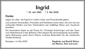 Traueranzeige von Ingrid Dichtl von Allgäuer Zeitung,Kempten