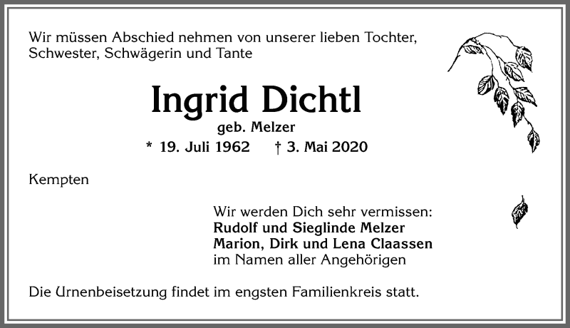  Traueranzeige für Ingrid Dichtl vom 05.05.2020 aus Allgäuer Zeitung,Kempten
