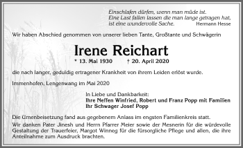 Traueranzeige von Irene Reichart von Allgäuer Zeitung, Marktoberdorf