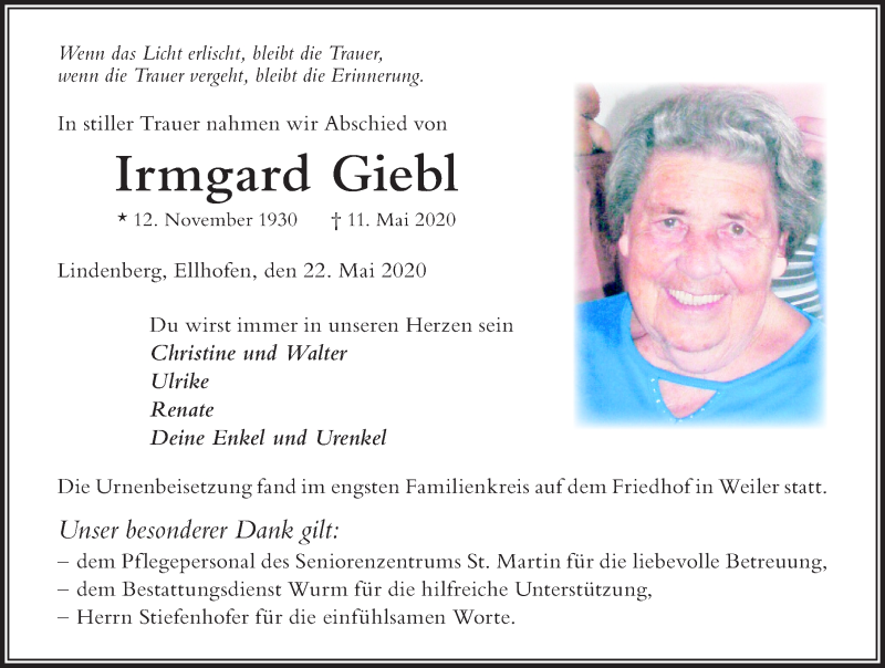  Traueranzeige für Irmgard Giebl vom 22.05.2020 aus Der Westallgäuer