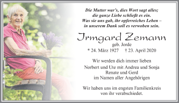 Traueranzeige von Irmgard Zemann von Allgäuer Zeitung, Füssen