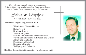 Traueranzeige von Johann Dopfer von Allgäuer Zeitung, Marktoberdorf