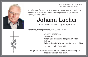 Traueranzeige von Johann Lacher von Allgäuer Zeitung, Marktoberdorf
