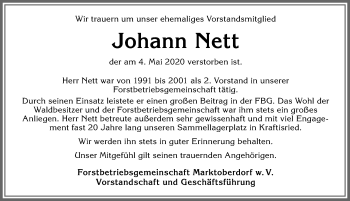 Traueranzeige von Johann Nett von Allgäuer Zeitung, Marktoberdorf