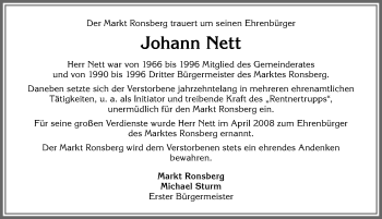 Traueranzeige von Johann Nett von Allgäuer Zeitung, Marktoberdorf