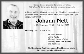 Traueranzeige von Johann Nett von Allgäuer Zeitung, Marktoberdorf