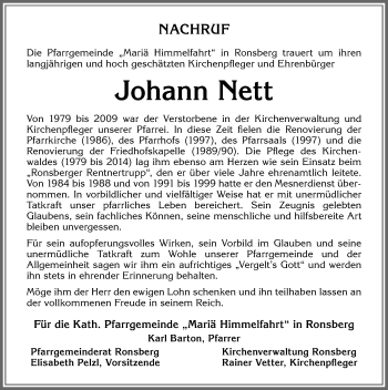 Traueranzeige von Johann Nett von Allgäuer Zeitung, Marktoberdorf