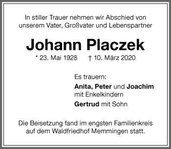 Traueranzeige von Johann Placzek von Memminger Zeitung