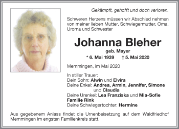 Traueranzeige von Johanna Bleher von Memminger Zeitung