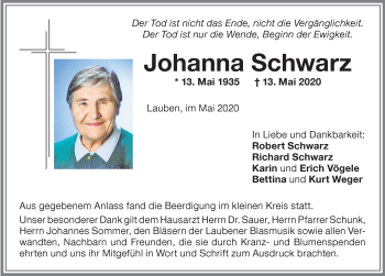Traueranzeige von Johanna Schwarz von Memminger Zeitung