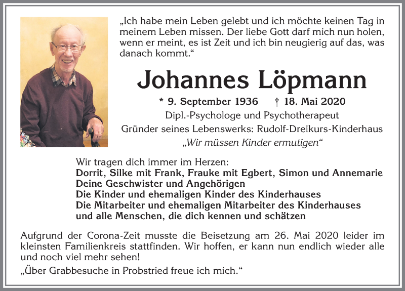  Traueranzeige für Johannes Lö-pmann vom 30.05.2020 aus Allgäuer Zeitung,Kempten