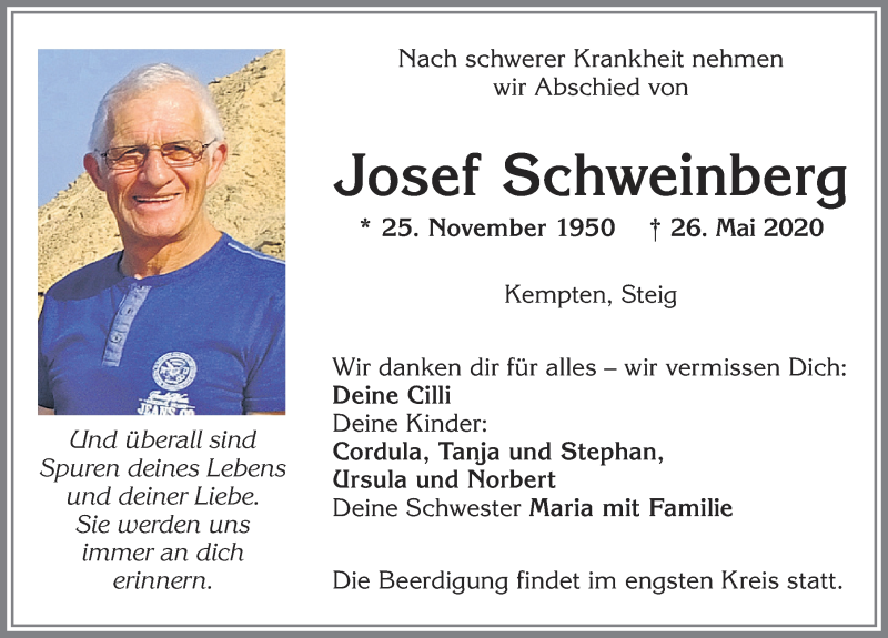  Traueranzeige für Josef Schweinberg vom 30.05.2020 aus Allgäuer Zeitung,Kempten