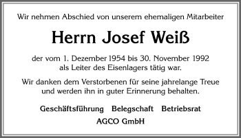 Traueranzeige von Josef Weiß von Allgäuer Zeitung, Marktoberdorf