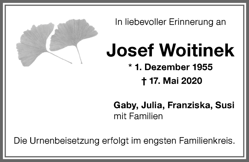  Traueranzeige für Josef Woitinek vom 30.05.2020 aus Memminger Zeitung