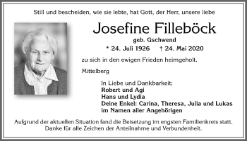 Traueranzeige von Josefine Filleböck von Allgäuer Zeitung,Kempten