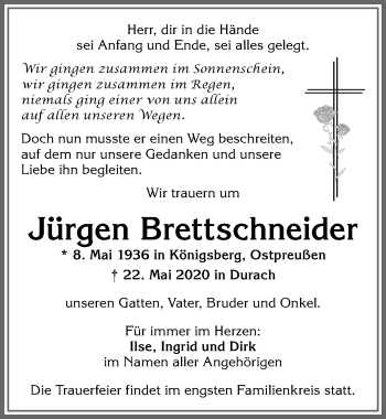Traueranzeige von Jürgen Brettschneider von Allgäuer Zeitung,Kempten