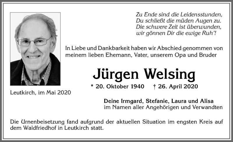  Traueranzeige für Jürgen Welsing vom 05.05.2020 aus Allgäuer Zeitung,Kempten