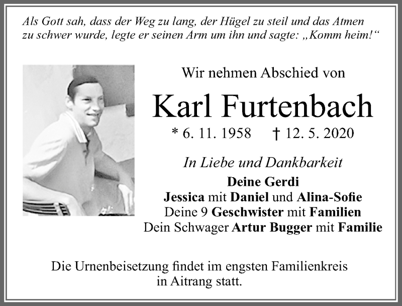  Traueranzeige für Karl Furtenbach vom 16.05.2020 aus Allgäuer Zeitung