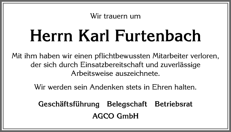  Traueranzeige für Karl Furtenbach vom 20.05.2020 aus Allgäuer Zeitung, Marktoberdorf