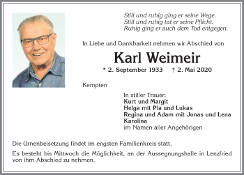 Traueranzeige von Karl Weimeir von Allgäuer Zeitung,Kempten