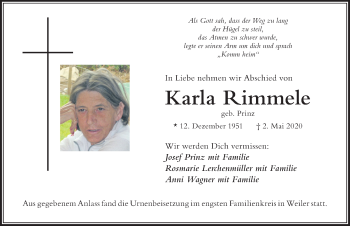 Traueranzeige von Karla Rimmele von Der Westallgäuer