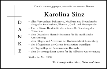 Traueranzeige von Karolina Sinz von Der Westallgäuer