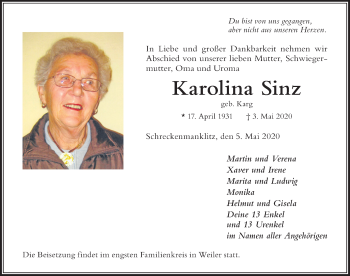 Traueranzeige von Karolina Sinz von Der Westallgäuer