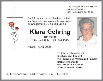 Traueranzeige von Klara Gehring von Allgäuer Anzeigeblatt